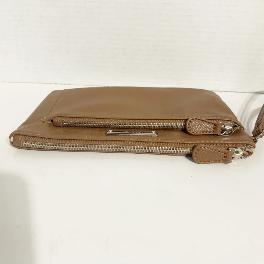 Nine West Faux Leather Wristlet Fully Line in Tan Print Studded Logo Plate Brown